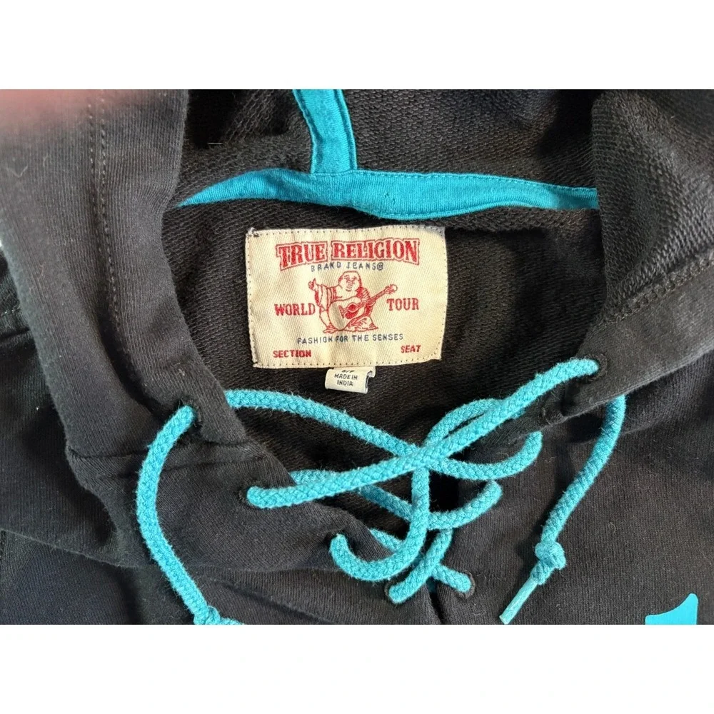 True Religion Lace Up Hoodie Mens Small Black Logo Kangaroo Pockets Sleeveless